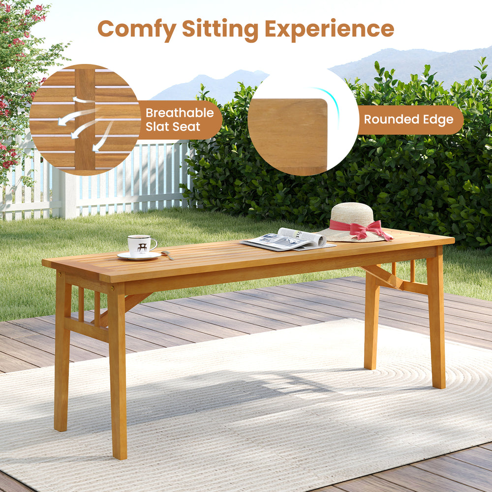 Rectangular acacia wood picnic table with rounded edges, ideal for outdoor dining and relaxation in patio or garden.