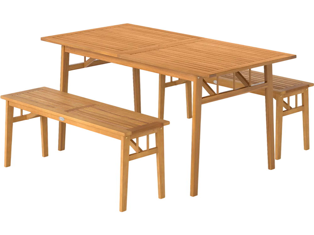3 Pieces Patio Dining Set Acacia Wood Outdoor Rectangular Picnic Table and 2 Benches