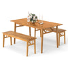 Rectangular acacia wood patio dining set with two benches, perfect for outdoor gatherings and relaxation.