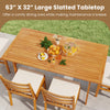 Large slatted acacia wood dining table with chairs, perfect for outdoor patio dining and easy maintenance.