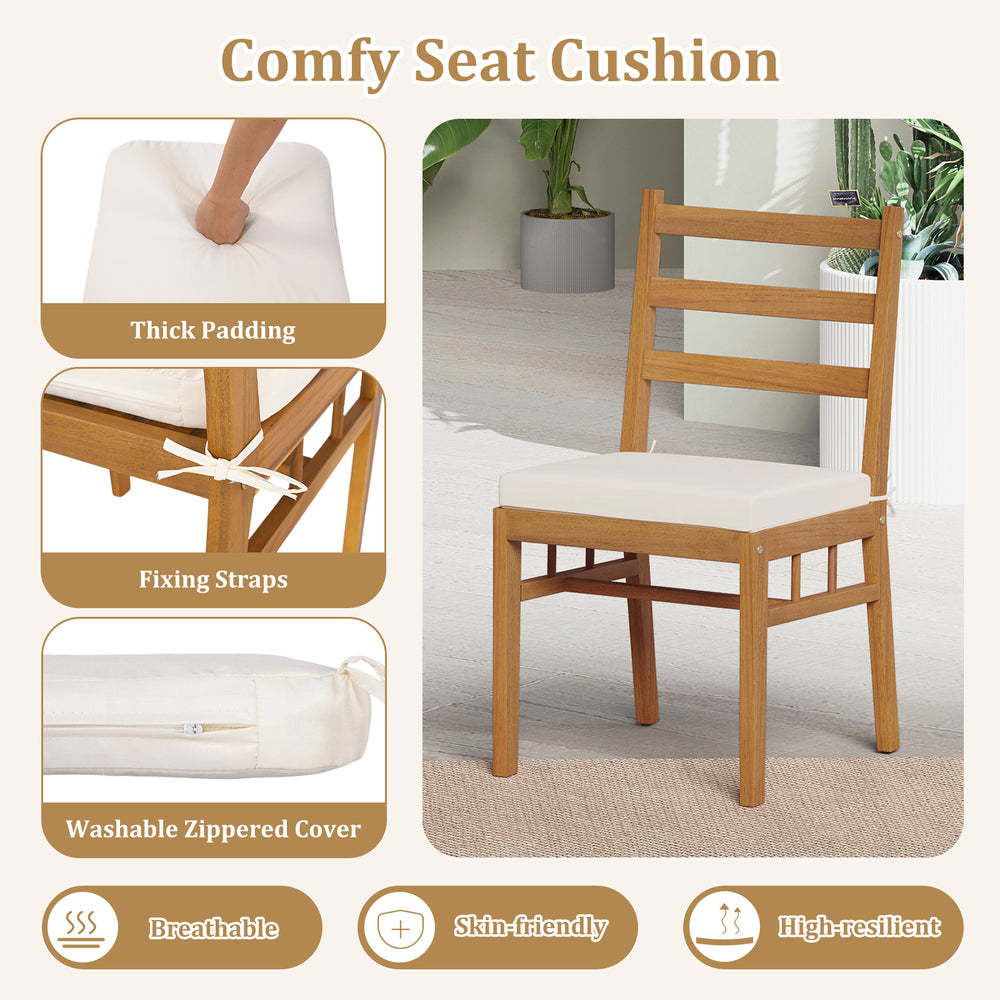 Cushioned seat with fixing straps for secure placement, designed for the 7 pieces acacia wood dining set outdoors.