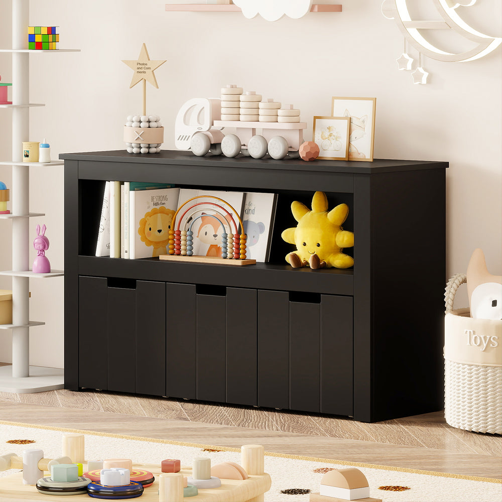 Kid Toy Storage Cabinet Drawer Chest with Wheels and Large Storage Cube Shelf-Black - Gallery View 1 of 10