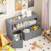 Gray kid toy storage cabinet with three sliding drawers and large storage cubes, perfect for organizing toys and books.