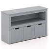 Gray kid toy storage cabinet with three drawers on wheels and large storage space for organizing toys and items.