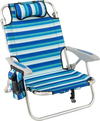 Folding beach chair with adjustable backrest, blue striped fabric, lightweight aluminum frame, perfect for outdoor.