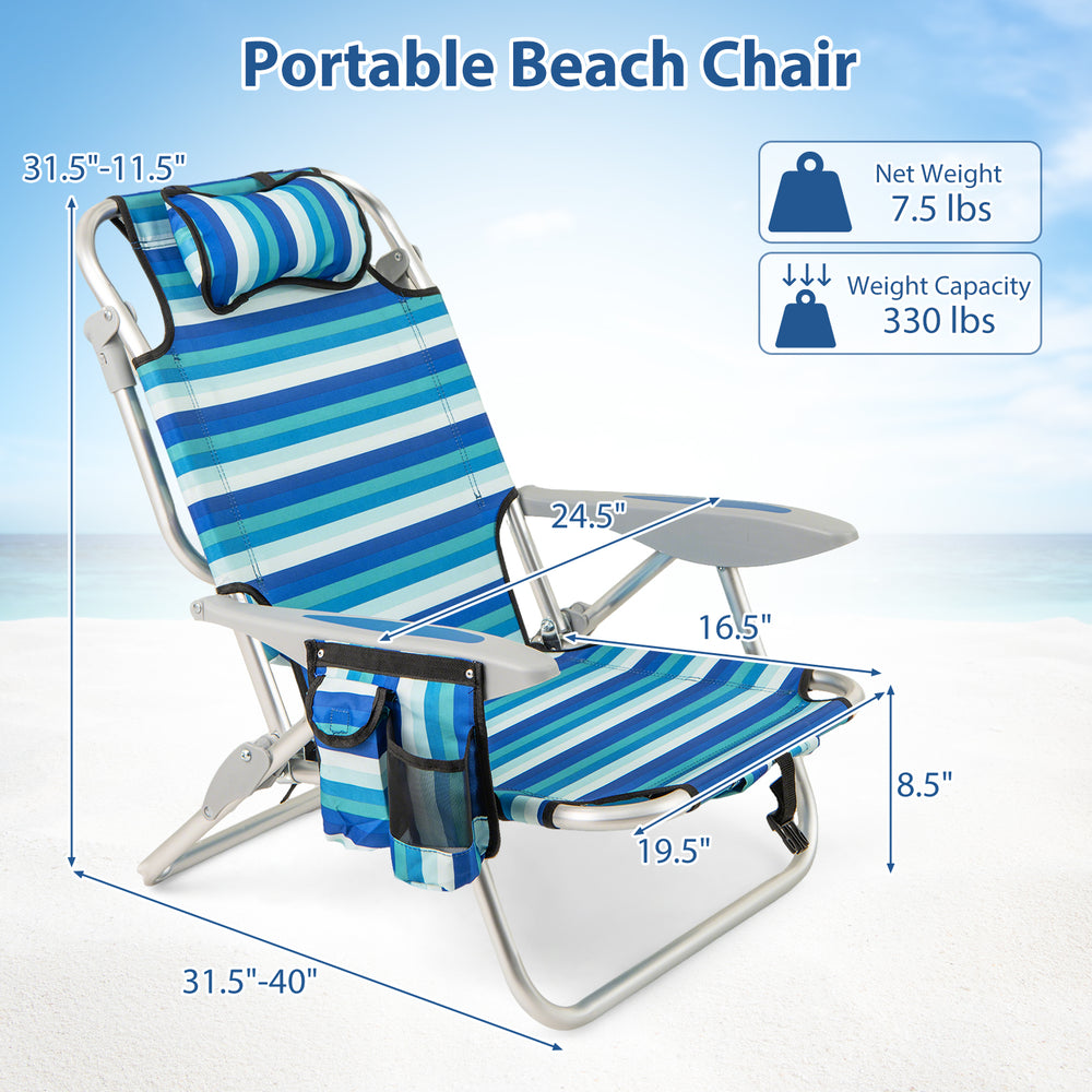 Folding beach chair with adjustable backrest, sturdy aluminum frame, and side pockets for easy outdoor relaxation.
