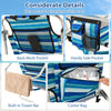 Folding beach chair with adjustable backrest, side pocket, cooler bag, and towel bar for convenient outdoor relaxation.