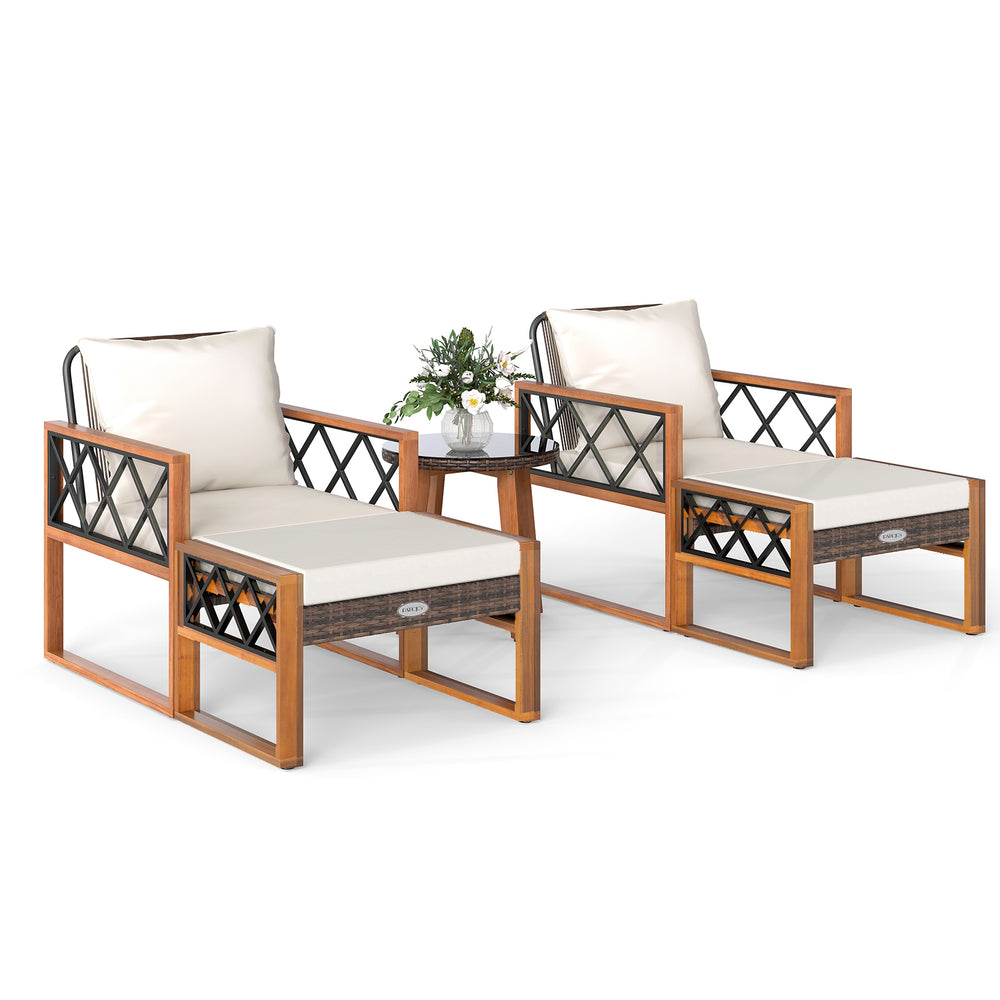 Two cushioned lounge chairs with acacia wood frames and PE rattan, perfect for outdoor patio relaxation.