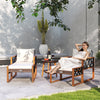 Two armchairs with cushions and a coffee table in a patio setting, featuring PE rattan and acacia wood for outdoor.