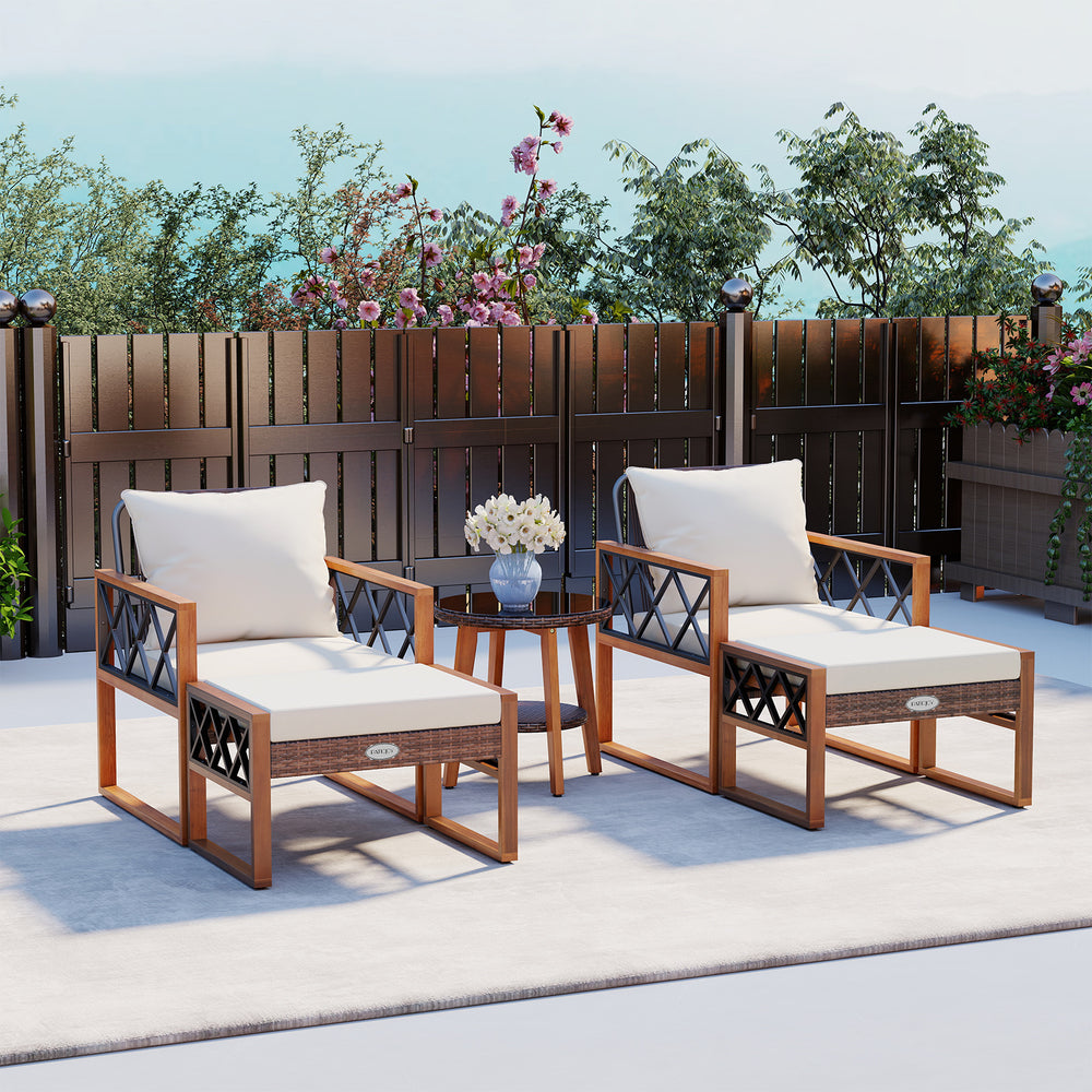 Two cushioned patio chairs with acacia wood frames and a side table, perfect for outdoor relaxation on a balcony.