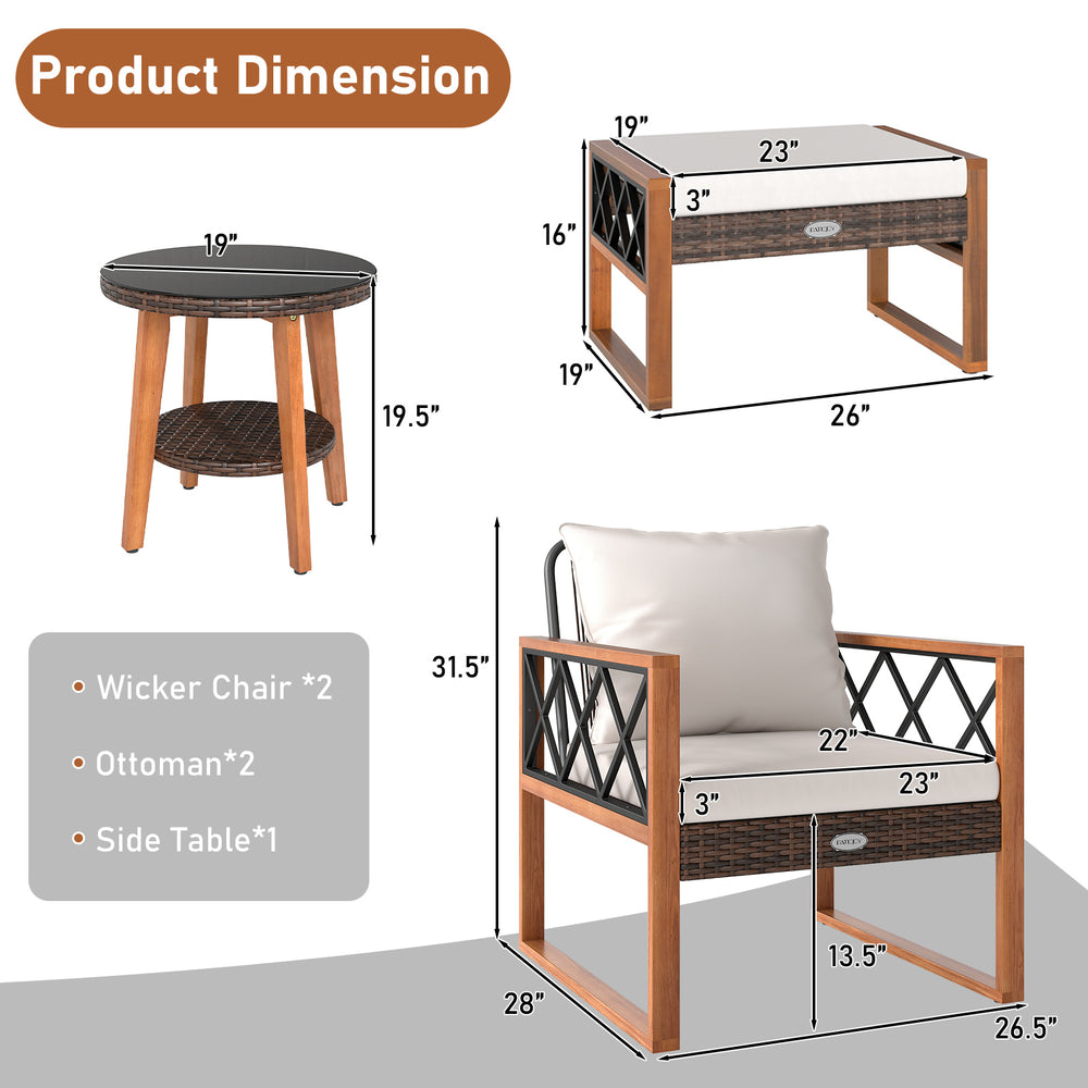 Product dimensions for the 5 Pieces Patio Furniture Set, featuring a wicker chair, ottomans, and side table.