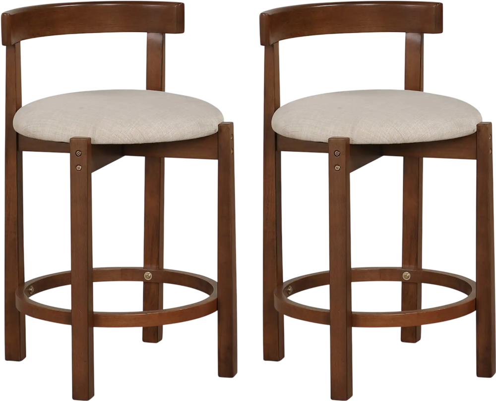 Set of 2 24-inch counter height bar stools with beige linen seats and solid rubber wood frames for kitchen or dining.