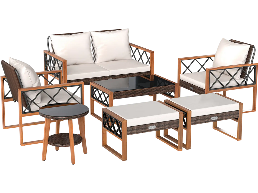 7 Pieces Patio Furniture Set PE Wicker Acacia Wood Outdoor Conversation Set