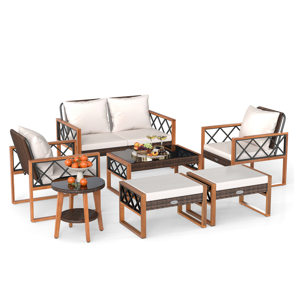 7-piece patio furniture set featuring PE wicker and acacia wood, ideal for outdoor conversation and relaxation.