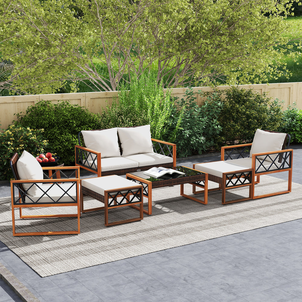 7-piece patio furniture set featuring PE wicker and acacia wood, perfect for outdoor conversation and relaxation.