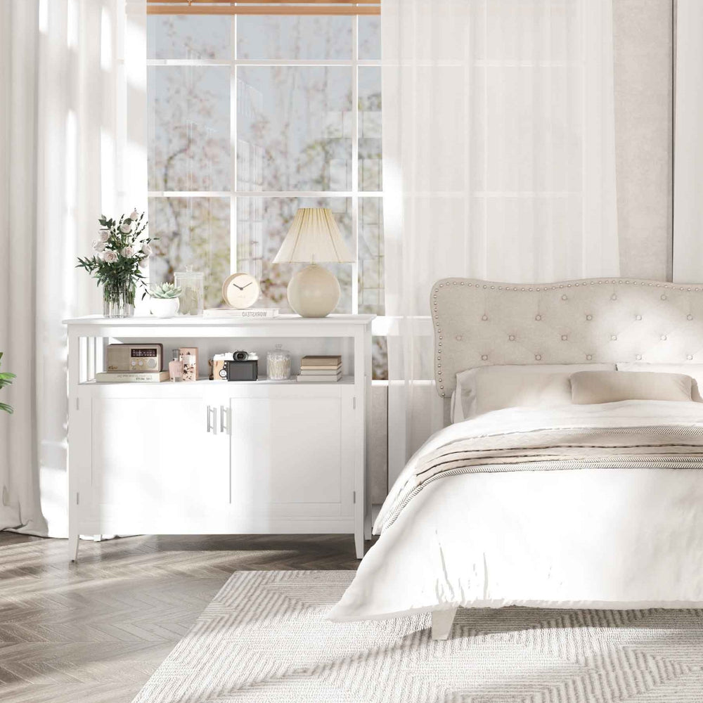 Nightstand with drawer and shelf alongside a large two-door cabinet, featuring an elegant curved design for stylish.