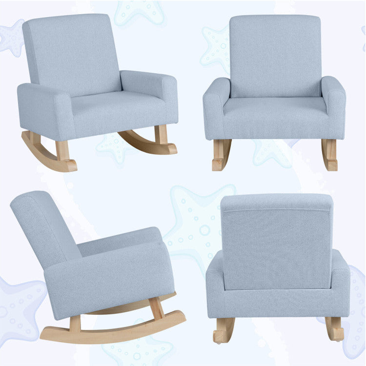 Blue rocking chair with solid wood legs, part of a children's room furniture set for stylish and comfortable seating.