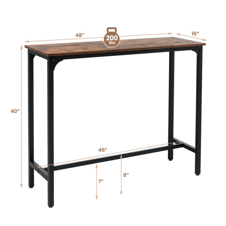 Industrial-style pub dining table with a rust-resistant steel frame, measuring 48" x 16", supports up to 200 lbs.