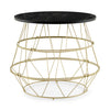 Round side table with a faux marble top and gold metal frame, offering stylish storage for modern living spaces.