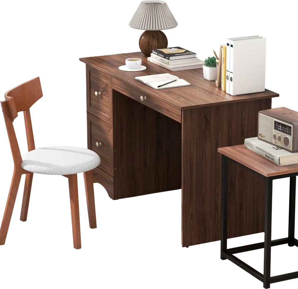 Modern computer desk with two drawers and rustic wood finish, paired with a solid rubber wood chair for cozy seating.