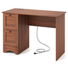 Spacious computer desk with two drawers, built-in outlets, and rustic wood finish for organized workspace.