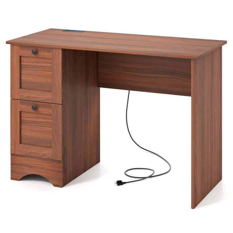Spacious computer desk with two drawers, built-in outlets, and rustic wood finish for organized workspace.