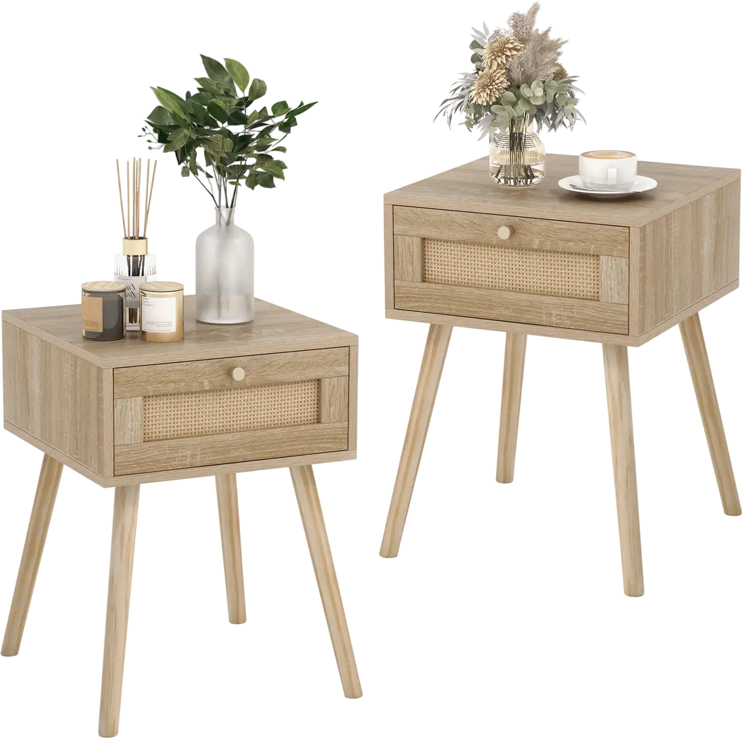 Costway Set of 2 Modern Rattan Nightstands w/ Drawer Solid Wood Legs 13309831 New