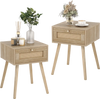 Set of 2 modern rattan nightstands with oak finish, featuring a drawer and solid wood legs for bedroom decor.