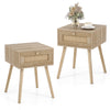 Set of 2 modern nightstands in oak with rattan drawer, solid wood legs, perfect for bedroom or living room decor.