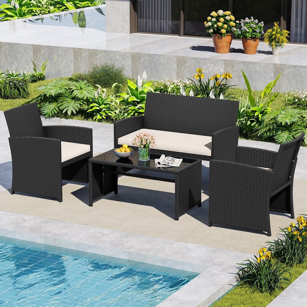 4 Pieces Patio Furniture Set with Tempered Glass Tabletop and Removable Cushion-White - Gallery View 1 of 10