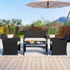 4-piece patio furniture set featuring a tempered glass tabletop and removable white cushions for outdoor relaxation.