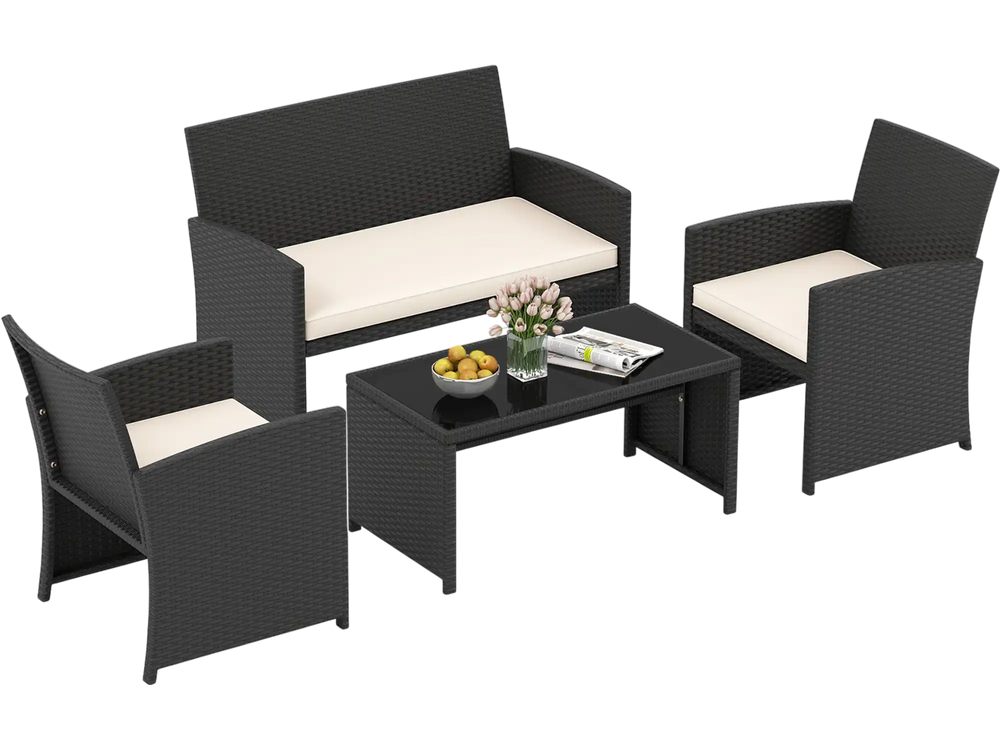 4-piece patio furniture set featuring a tempered glass tabletop and removable white cushions, perfect for outdoor.