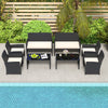 Stylish outdoor seating arrangement with two loveseats, six chairs, and a glass-top coffee table for patios or gardens.