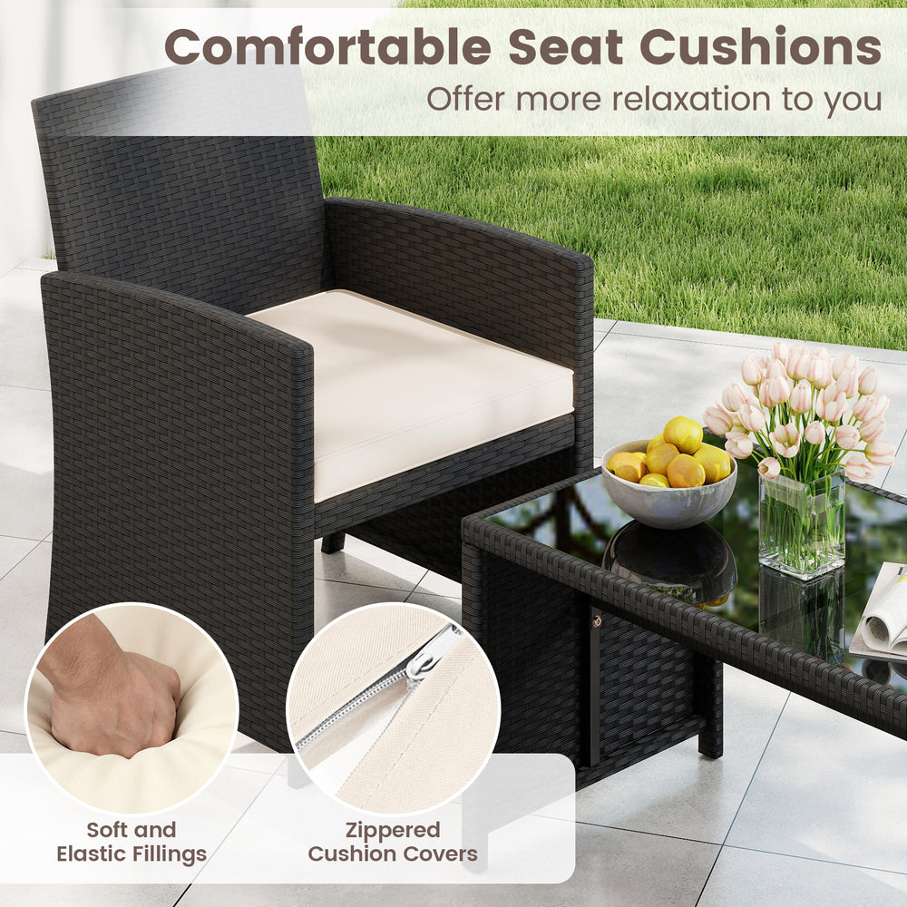 Single chair with removable white cushion, waterproof rattan, perfect for outdoor relaxation in patio furniture set.