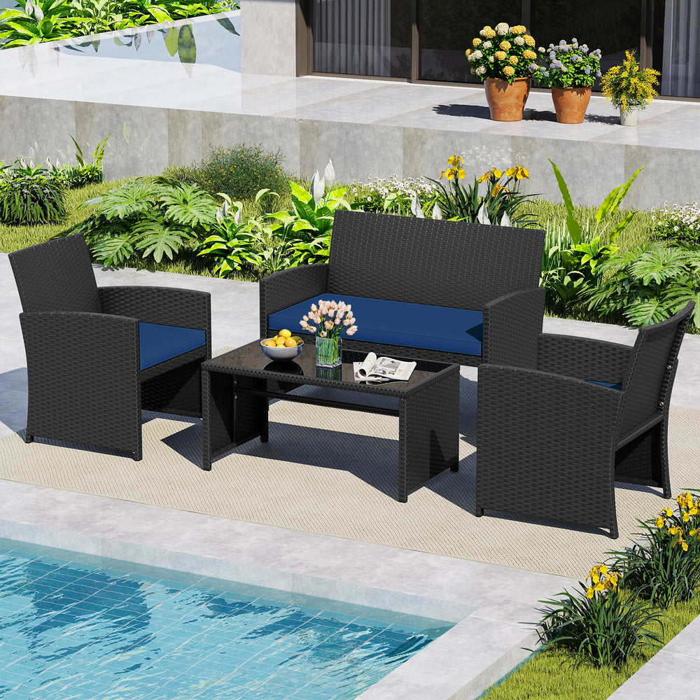 4 Pieces Patio Furniture Set with Tempered Glass Tabletop and Removable Cushion-Navy - Gallery View 1 of 12