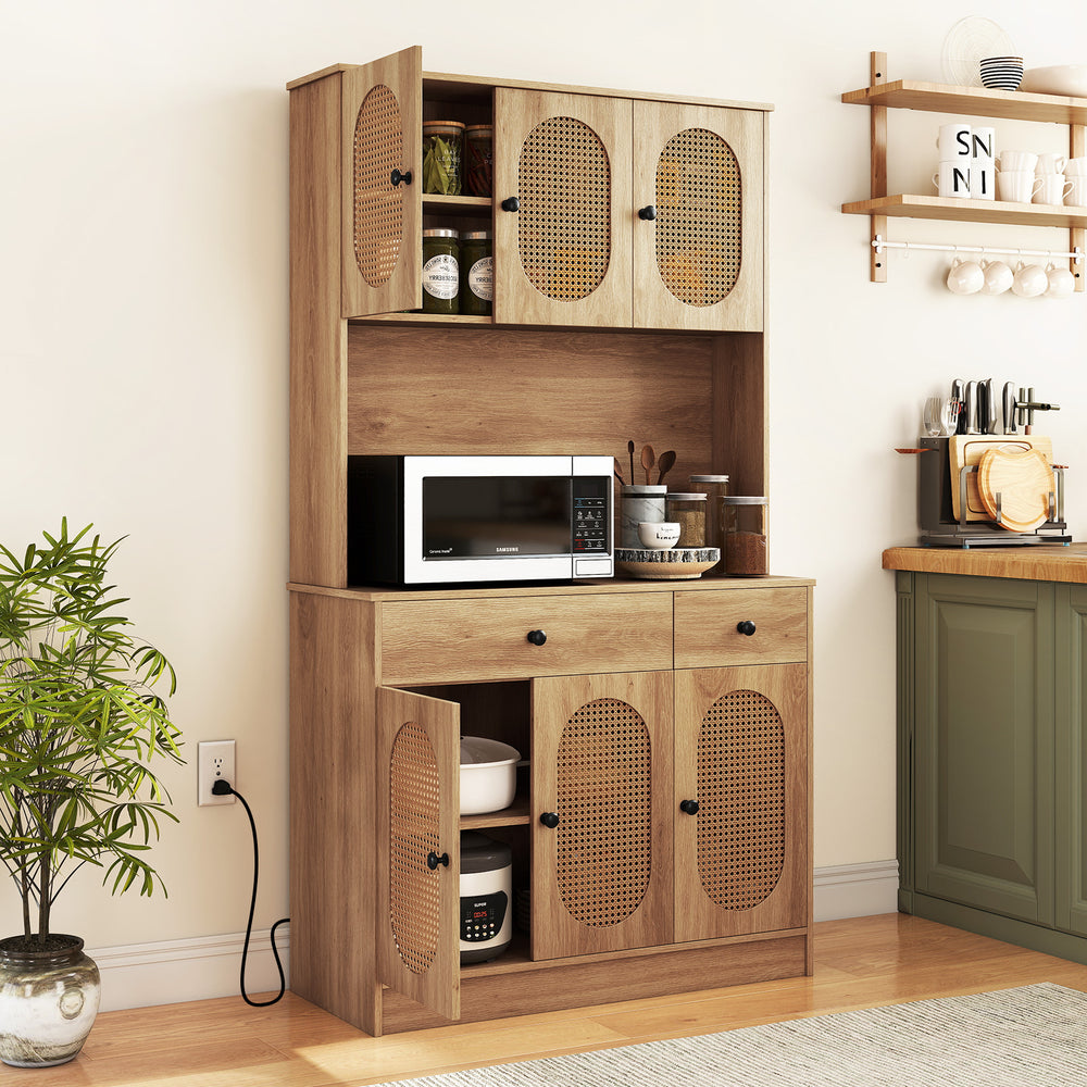 71-inch pantry cabinet with hutch, natural finish, PE rattan doors, adjustable shelves, and built-in charging station.