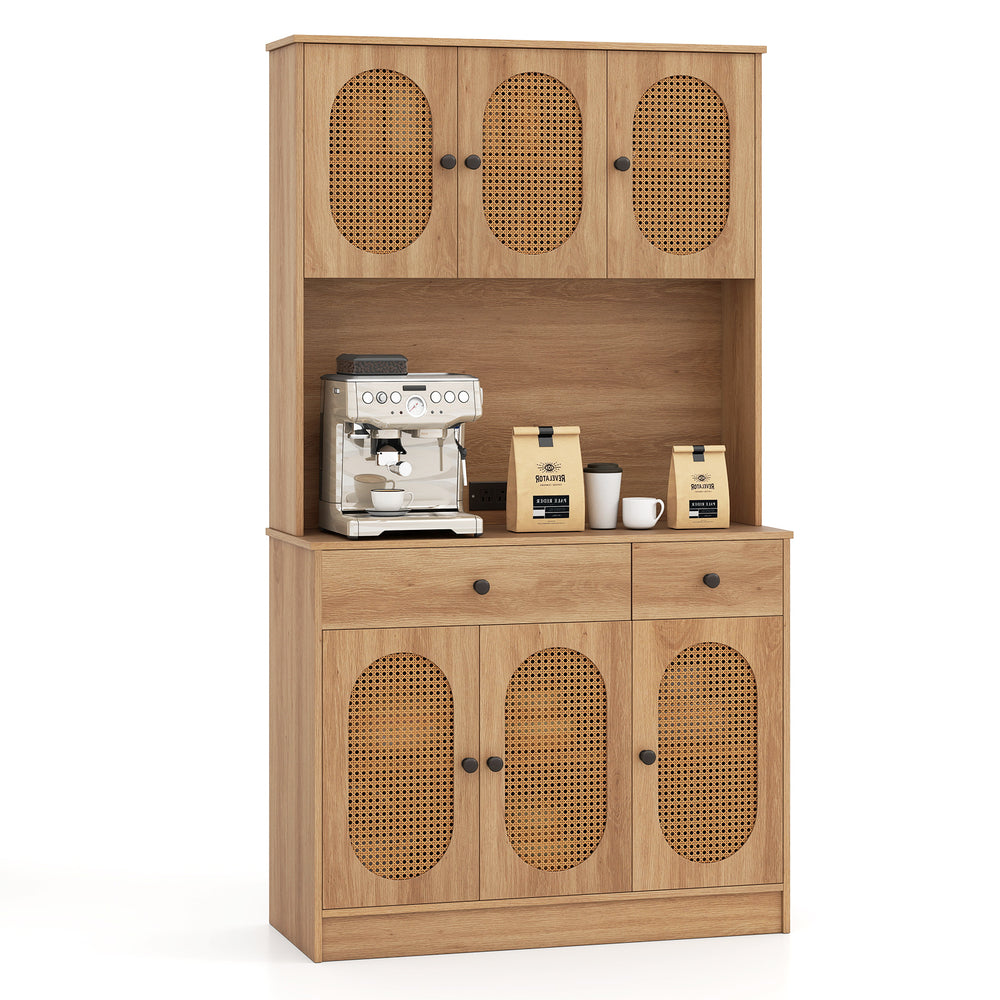 Pantry cabinet with hutch in natural finish, showcasing the spacious top shelf and built-in charging station for.