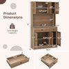Dimensions of the 71-inch pantry cabinet with hutch showcasing adjustable shelves, drawers, and PE rattan doors for.