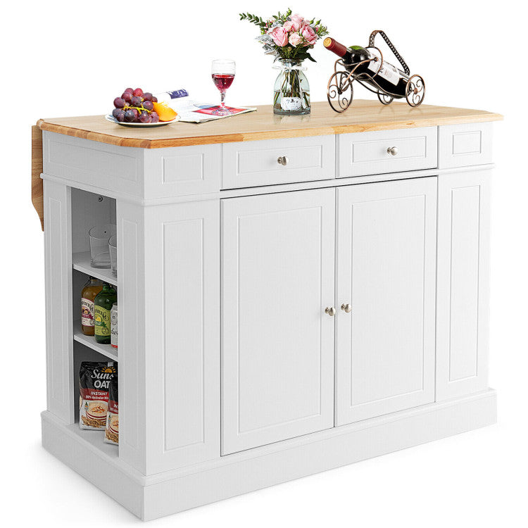 Kitchen island with drop-leaf rubber wood countertop and storage, featuring a stylish white finish for versatile.