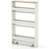 Narrow storage cart with adjustable shelves and lockable casters, featuring a stylish white finish for kitchen.