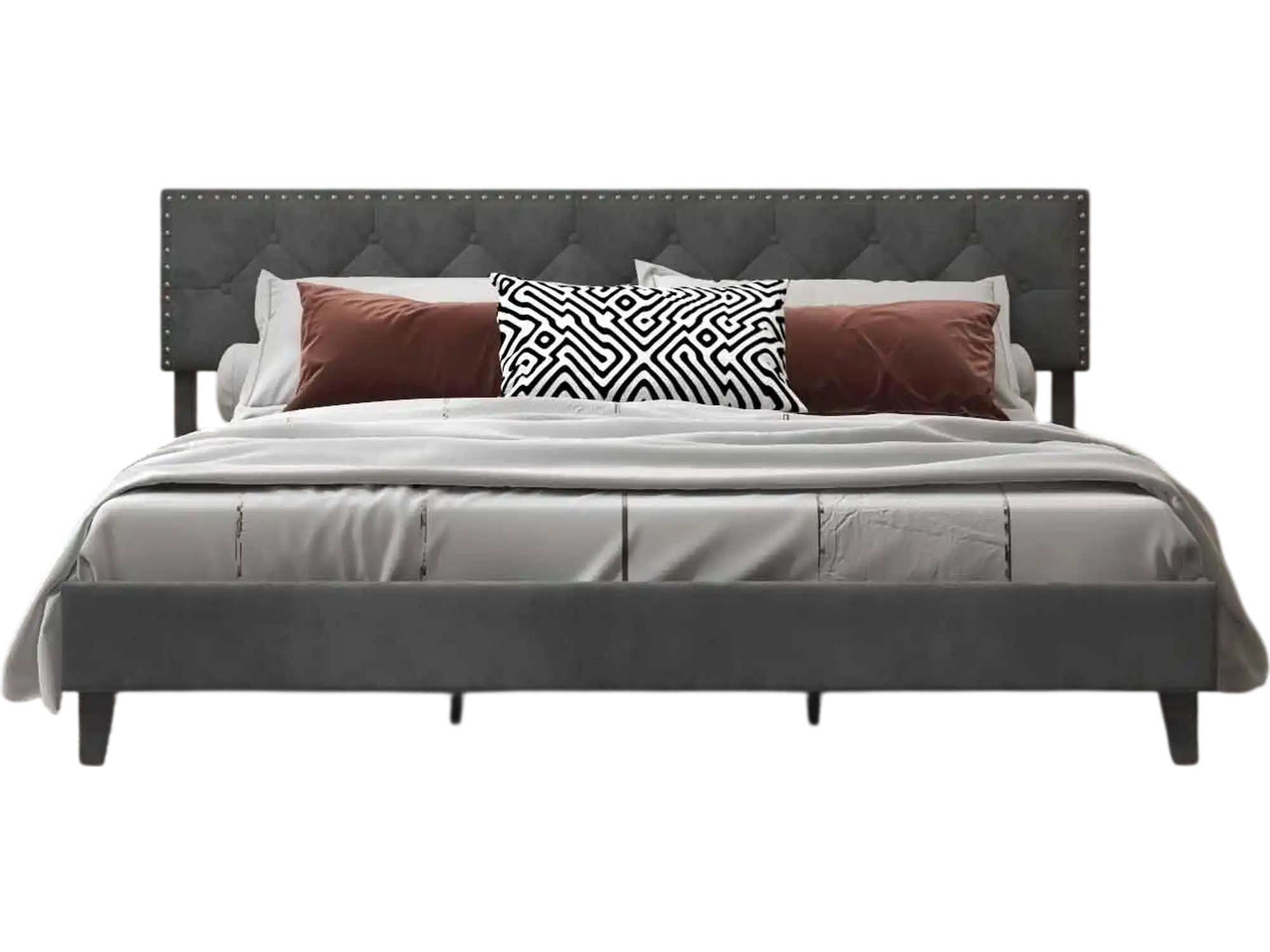 Costway 3-Piece Queen Upholstered Bed Rattan Nightstands Floor Lamp Bedroom Set 30064580 New