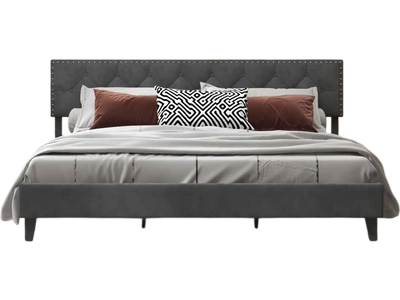 Costway 3-Piece Queen Upholstered Bed Rattan Nightstands Floor Lamp Bedroom Set 30064580 New