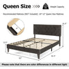 Upholstered queen bed frame with rattan nightstands and floor lamp, perfect for stylish bedroom decor and practical.