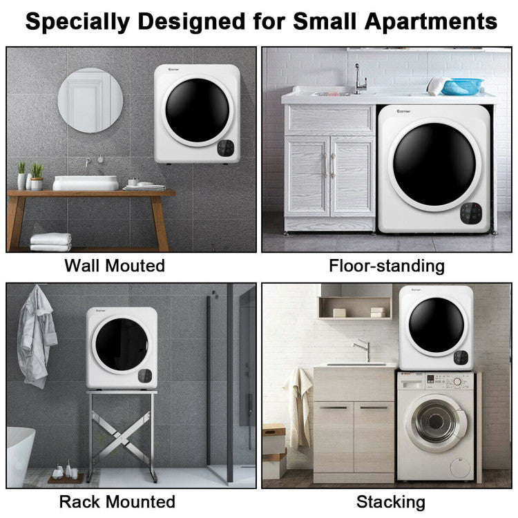 Electric tumble dryer with simple controls, designed for small apartments, shown in wall-mounted and floor-standing.