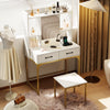 Vanity desk with storage drawers and charging station, featuring a mirrored cabinet and five shelves for organized.