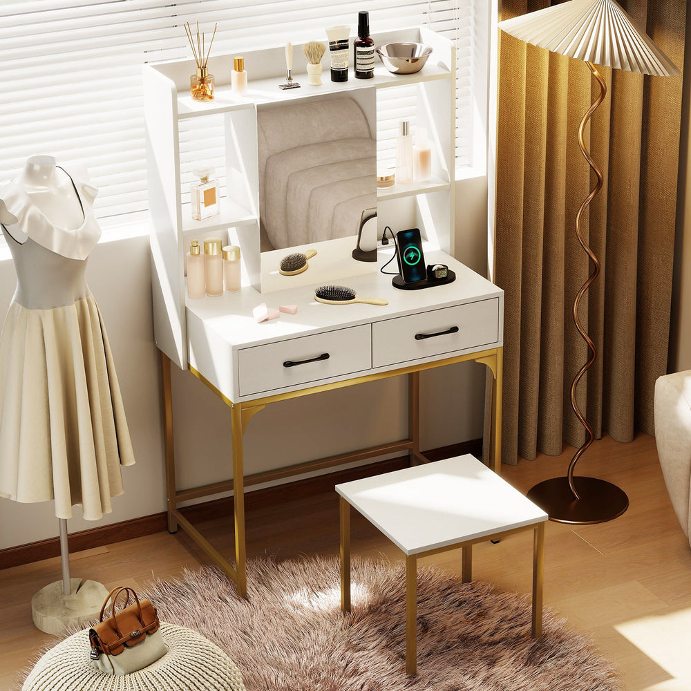 Vanity Desk with Storage Drawers and Charging Station-White - Gallery View 1 of 11