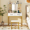 Vanity desk showcasing a simple design with two drawers, a mirrored cabinet, and a charging station for convenient use.