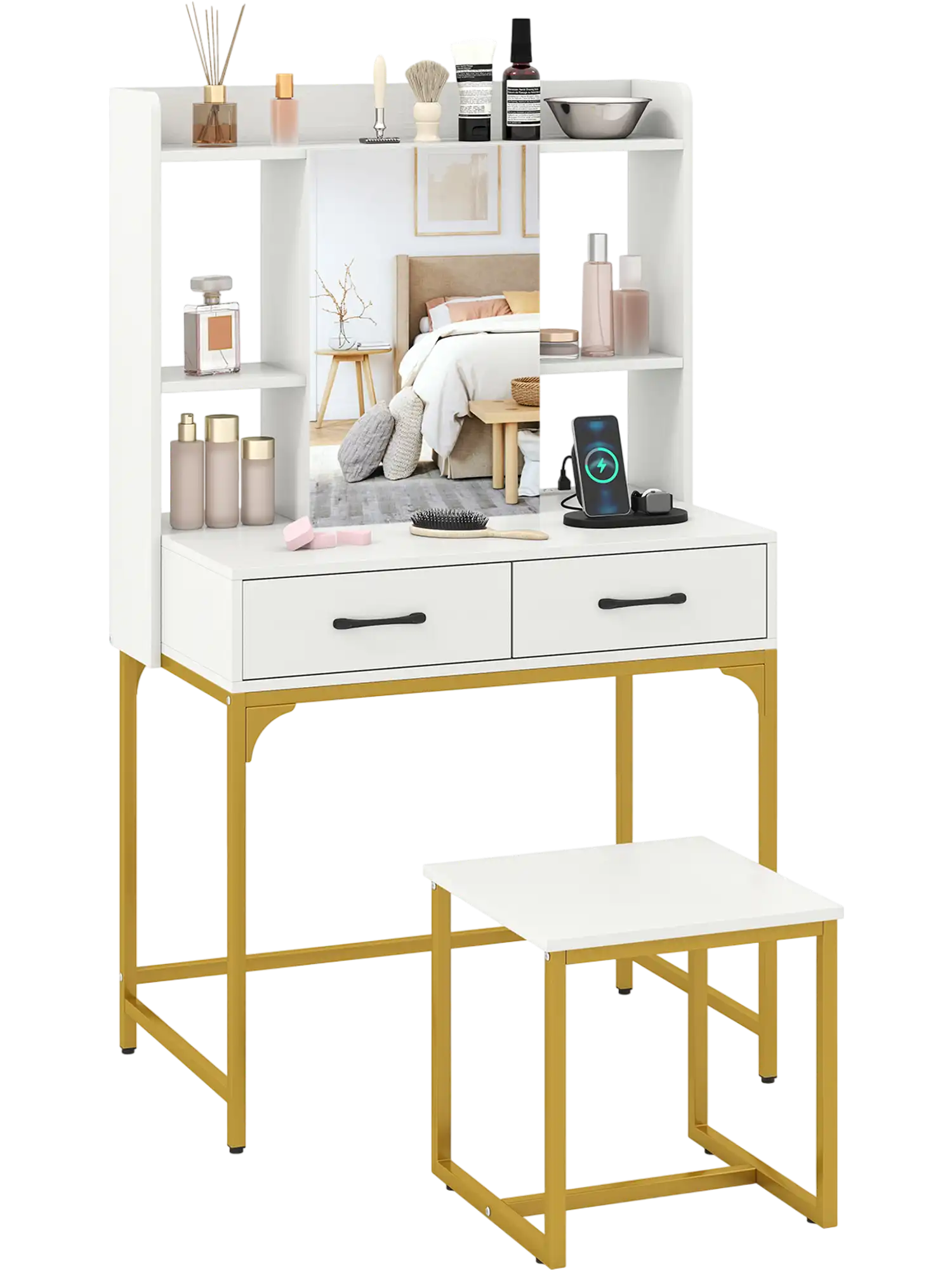 Costway Vanity Desk w/ Storage Drawers & Charging Station 80262502 New