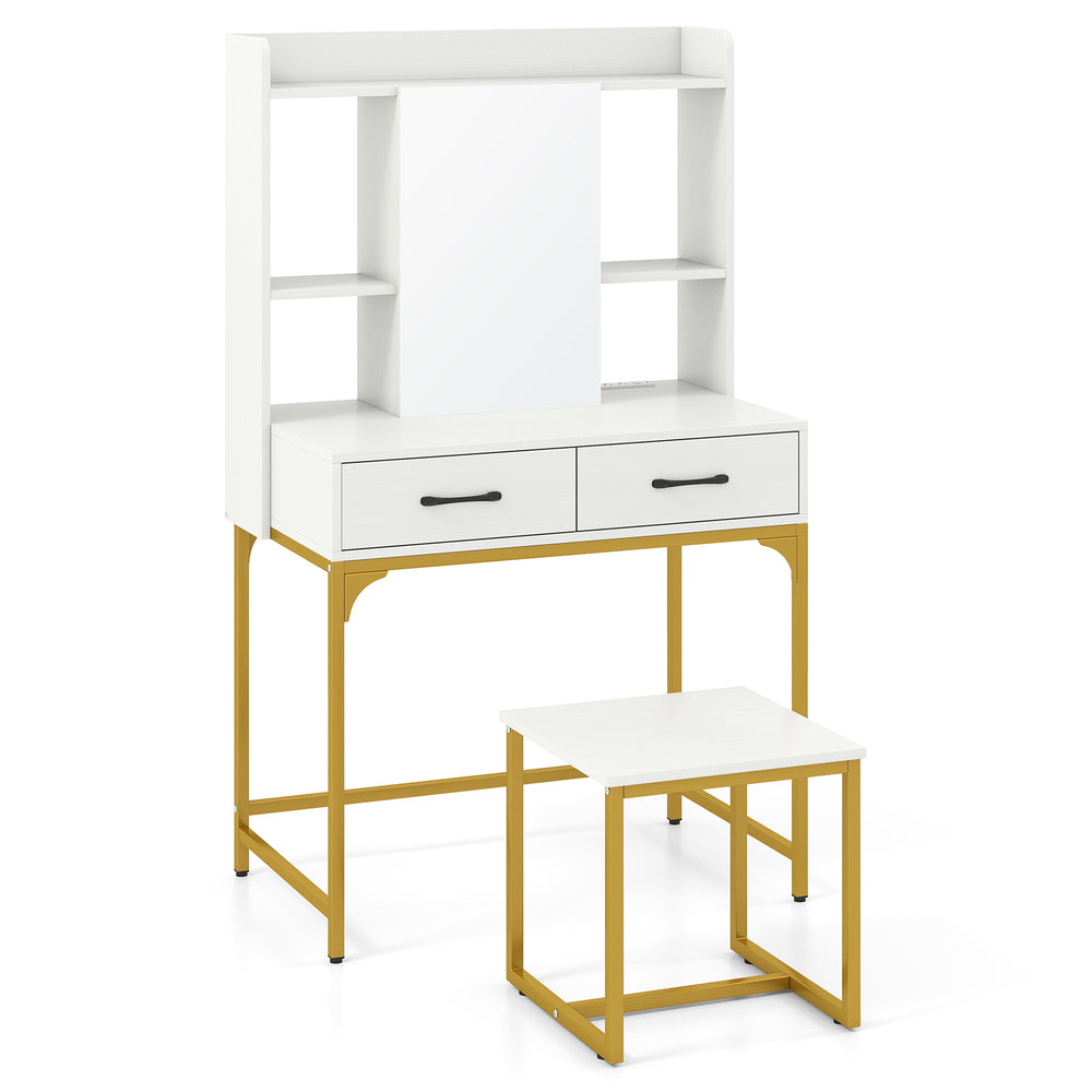 Vanity desk with storage drawers, white finish, metal stand, and integrated charging station for versatile home use.