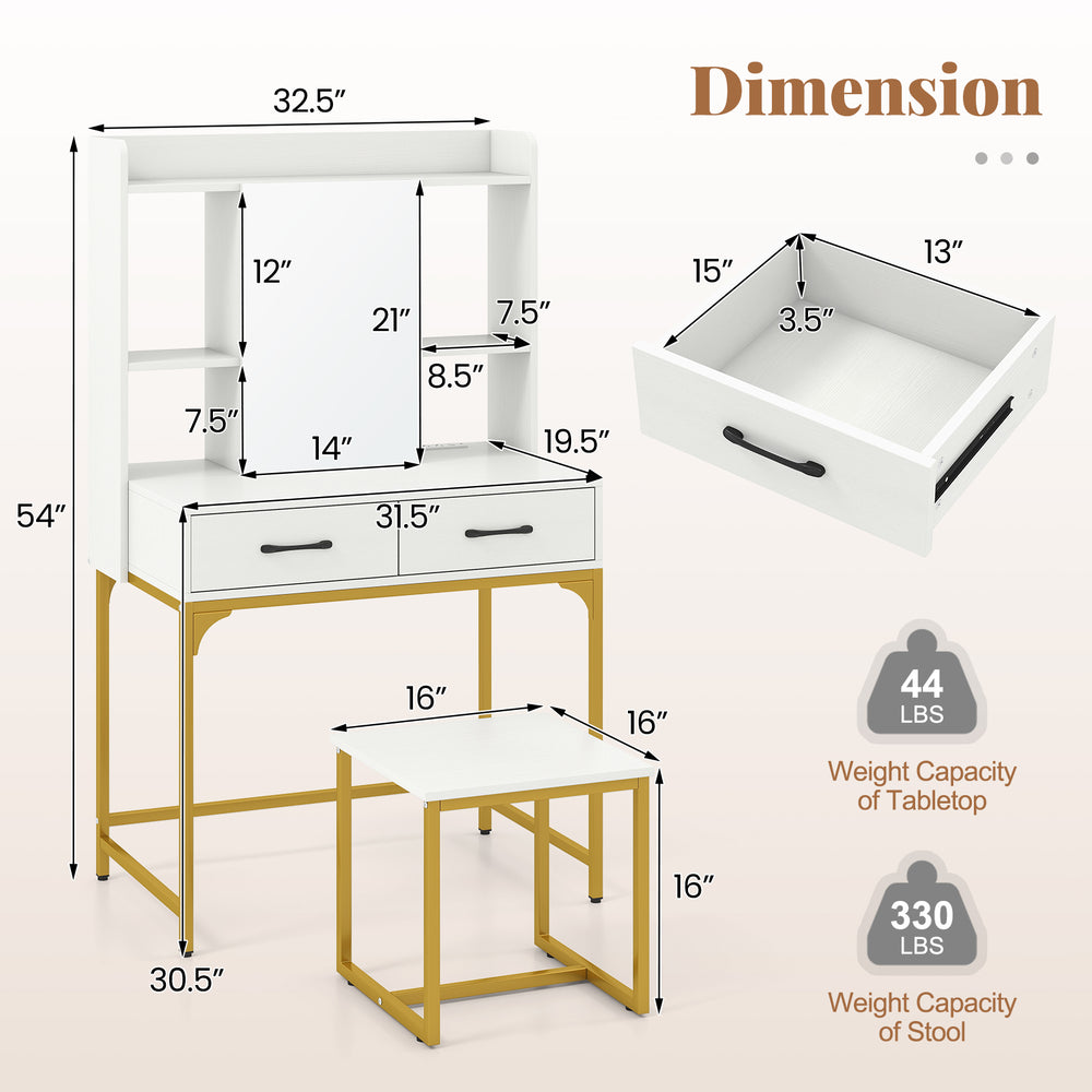 Vanity desk with storage drawers, white finish, integrated charging station, and adjustable foot pads for stability.